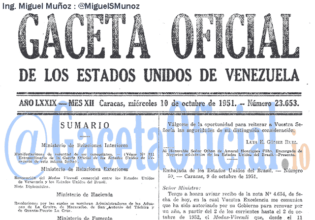 Gaceta Oficial 23653 del 10 Octubre 1951