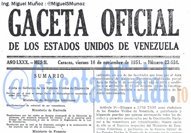 Gaceta Oficial 23684 del 16 Noviembre 1951