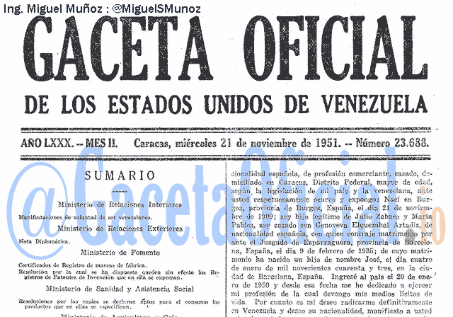 Gaceta Oficial 23688 del 21 Noviembre 1951
