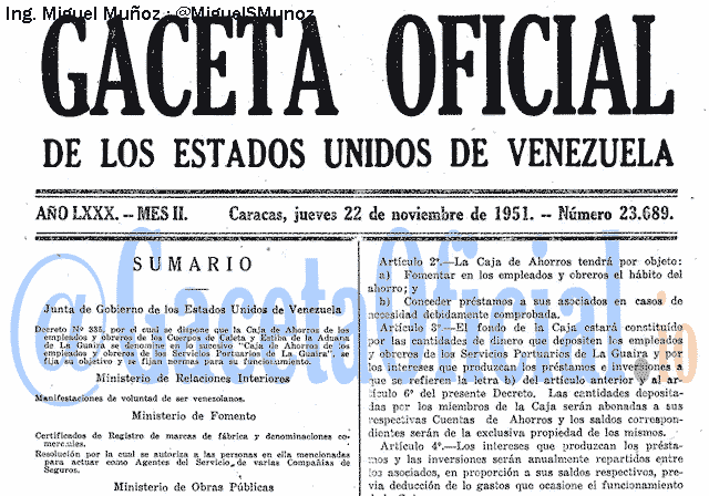 Gaceta Oficial 23689 del 22 Noviembre 1951