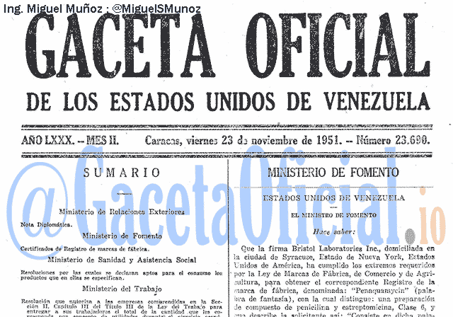 Gaceta Oficial 23690 del 23 Noviembre 1951