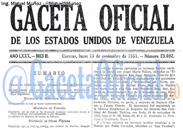 Gaceta Oficial 23692 del 26 Noviembre 1951