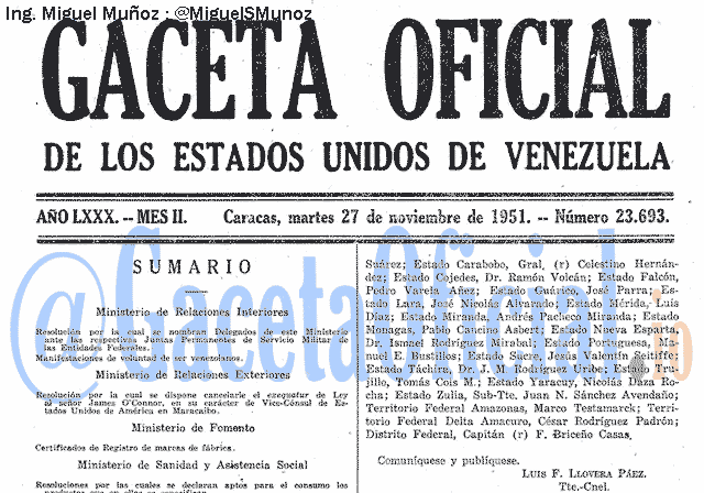 Gaceta Oficial 23693 del 27 Noviembre 1951