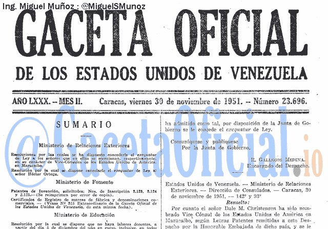 Gaceta Oficial 23696 del 30 Noviembre 1951