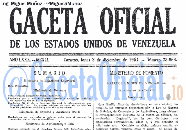 Gaceta Oficial 23698 del 3 Diciembre 1951