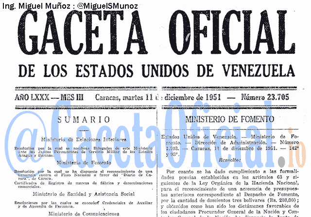 Gaceta Oficial 23705 del 11 Diciembre 1951