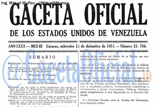 Gaceta Oficial 23706 del 12 Diciembre 1951