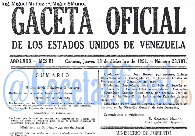 Gaceta Oficial 23707 del 13 Diciembre 1951