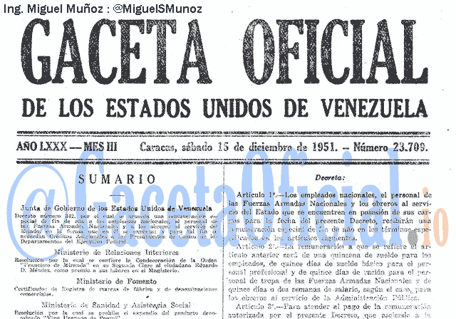 Gaceta Oficial 23709 del 15 Diciembre 1951