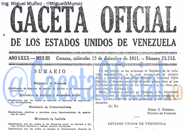 Gaceta Oficial 23712 del 19 Diciembre 1951
