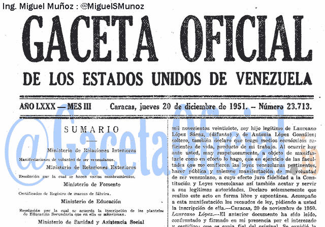 Gaceta Oficial 23713 del 20 Diciembre 1951