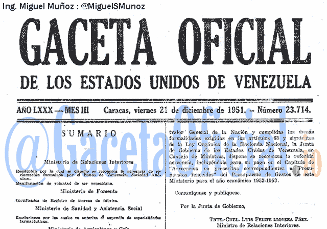 Gaceta Oficial 23714 del 21 Diciembre 1951