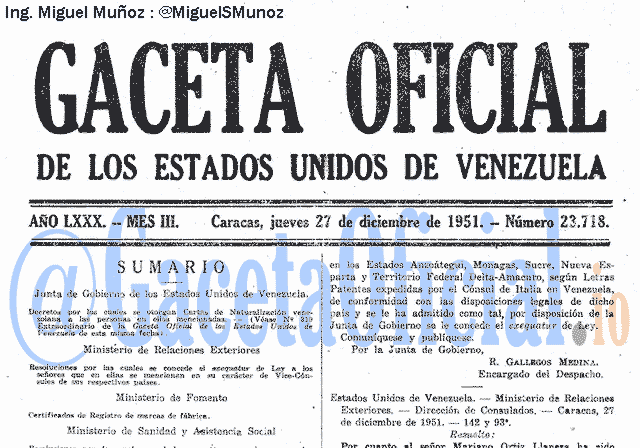 Gaceta Oficial 23718 del 27 Diciembre 1951