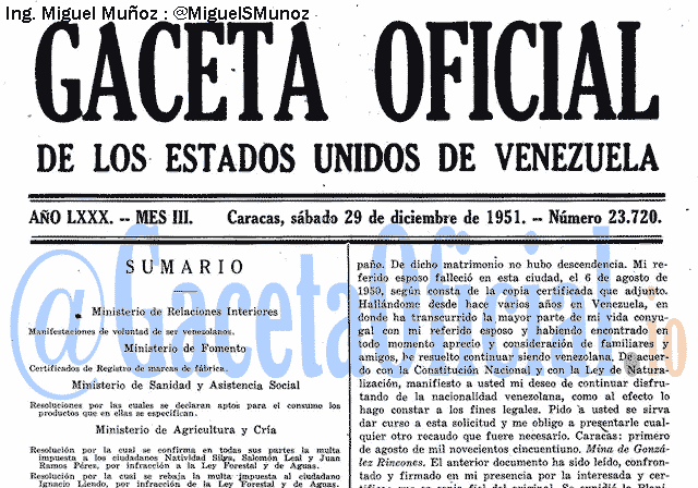 Gaceta Oficial 23720 del 29 Diciembre 1951