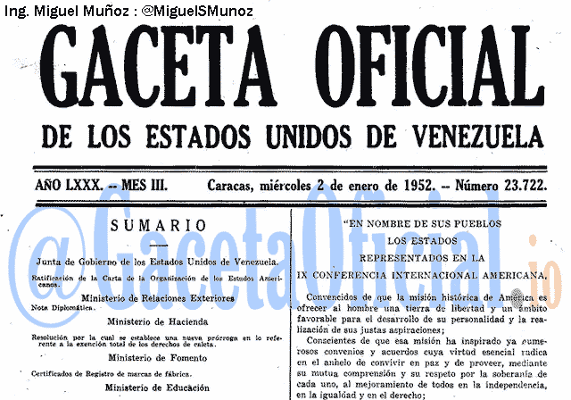 Gaceta Oficial 23722 del 2 Enero 1952
