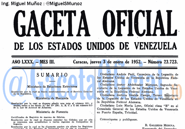 Gaceta Oficial 23723 del 3 Enero 1952