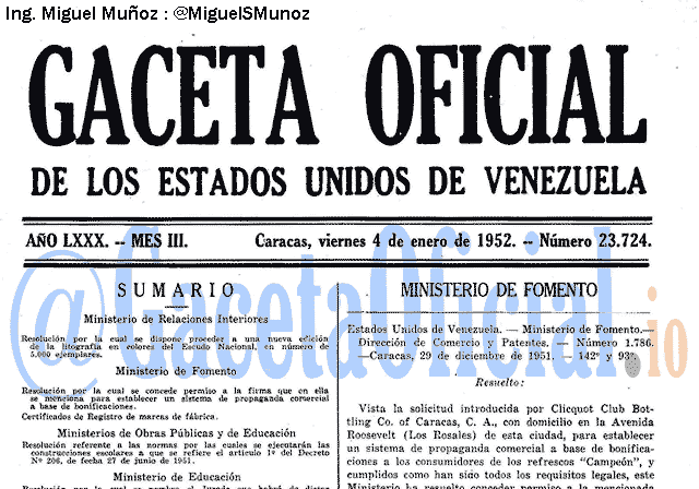 Gaceta Oficial 23724 del 4 Enero 1952