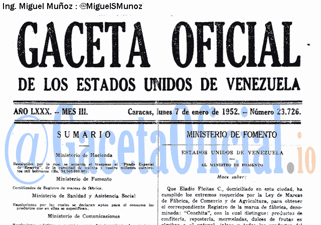 Gaceta Oficial 23726 del 7 Enero 1952