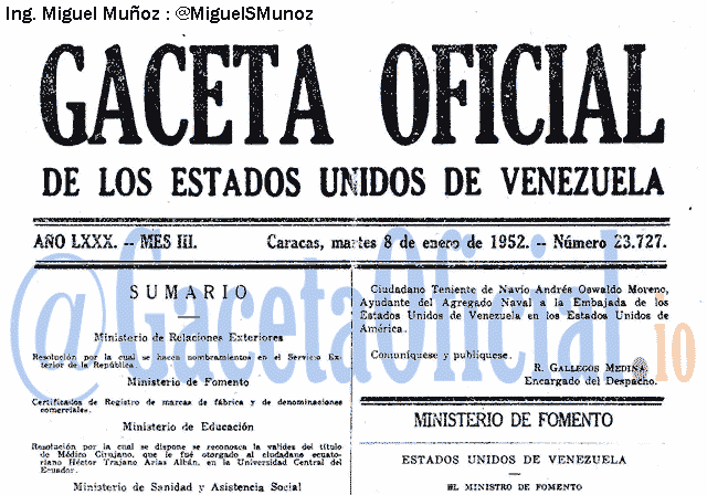 Gaceta Oficial 23727 del 8 Enero 1952