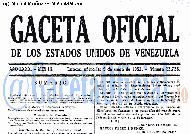 Gaceta Oficial 23728 del 9 Enero 1952