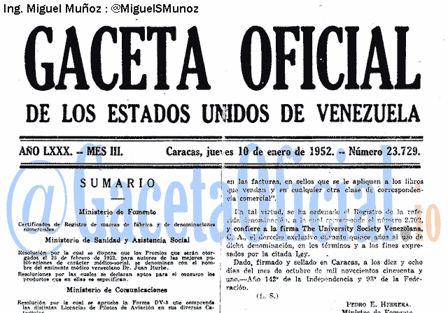 Gaceta Oficial 23729 del 10 Enero 1952