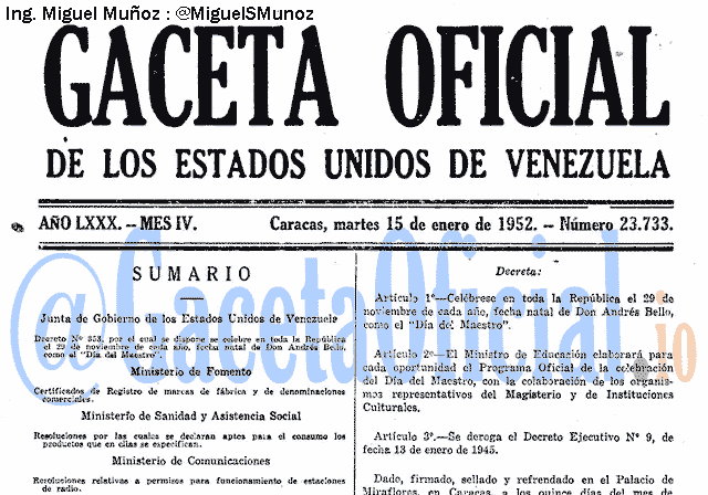 Gaceta Oficial 23733 del 15 Enero 1952