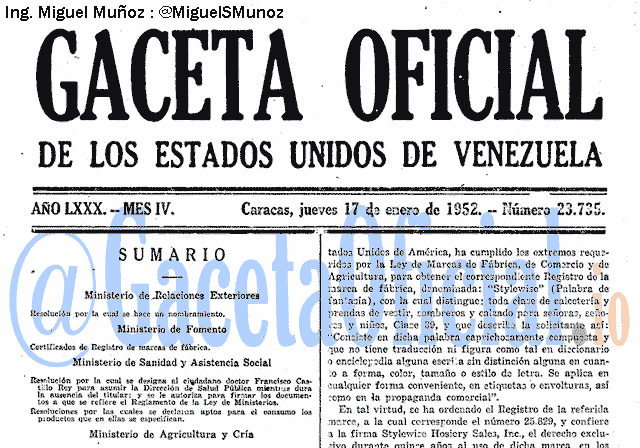 Gaceta Oficial 23735 del 17 Enero 1952