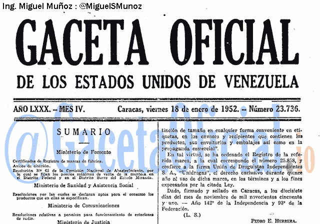Gaceta Oficial 23736 del 18 Enero 1952