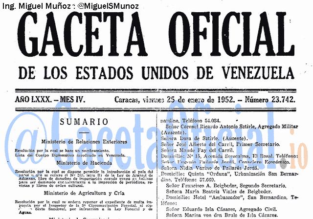 Gaceta Oficial 23742 del 25 Enero 1952
