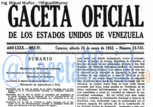 Gaceta Oficial 23743 del 26 Enero 1952