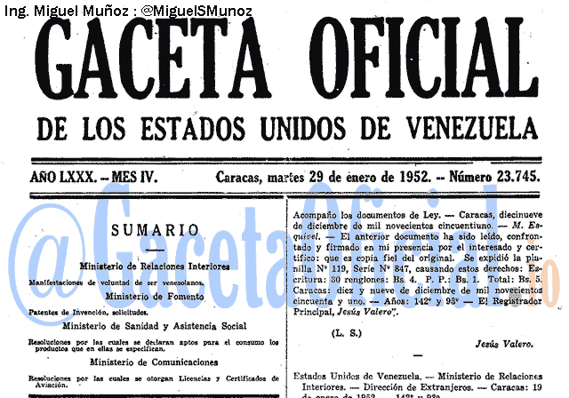 Gaceta Oficial 23745 del 29 Enero 1952