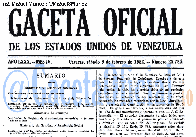 Gaceta Oficial 23755 del 9 Febrero 1952