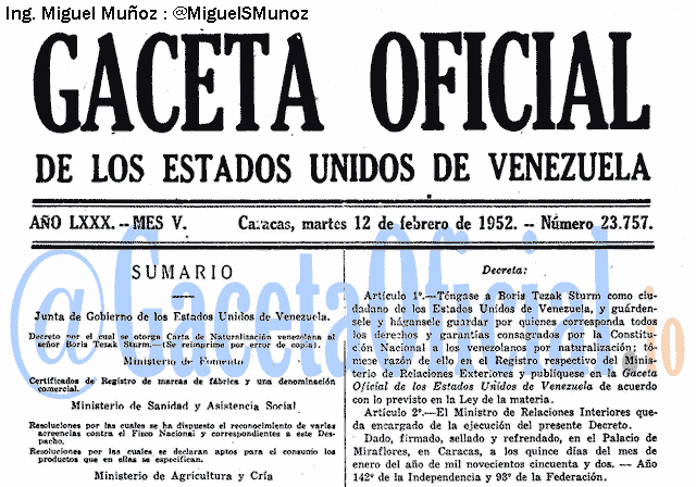 Gaceta Oficial 23757 del 12 Febrero 1952