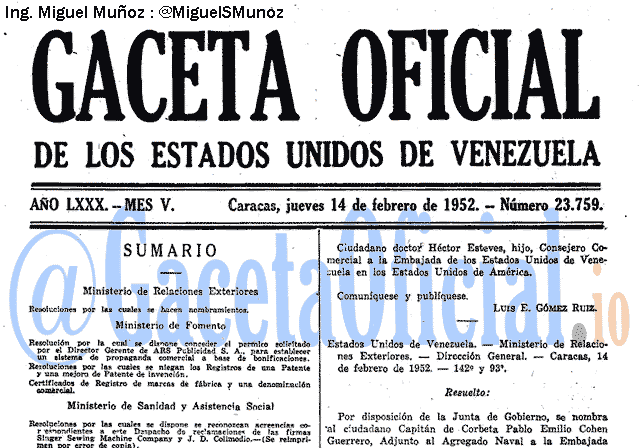 Gaceta Oficial 23759 del 14 Febrero 1952