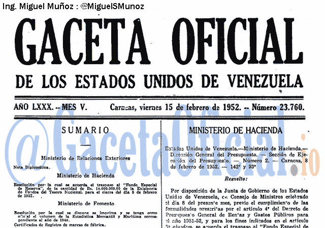 Gaceta Oficial 23760 del 15 Febrero 1952