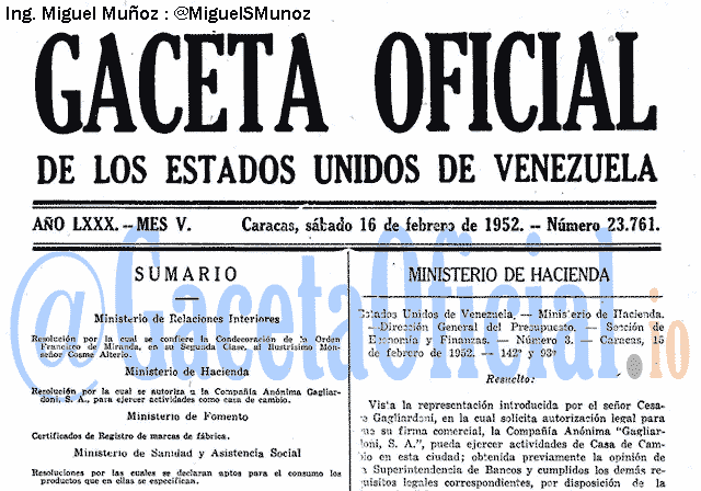 Gaceta Oficial 23761 del 16 Febrero 1952