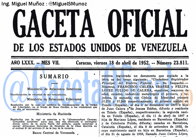 Gaceta Oficial 23811 del 18 Abril 1952