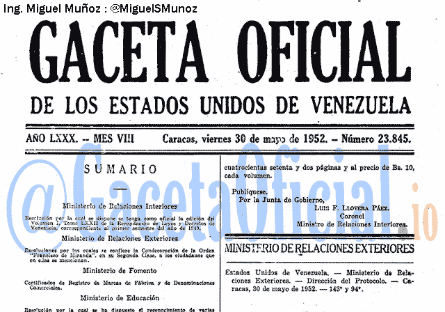 Gaceta Oficial 23845 del 30 Mayo 1952