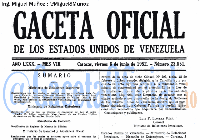 Gaceta Oficial 23851 del 6 Junio 1952