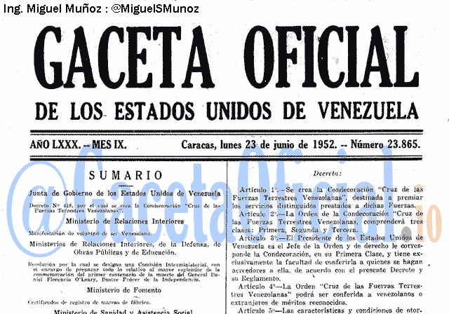 Gaceta Oficial 23865 del 23 Junio 1952