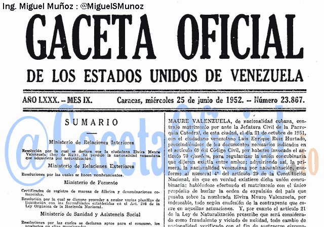 Gaceta Oficial 23867 del 25 Junio 1952