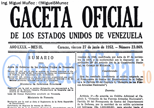 Gaceta Oficial 23869 del 27 Junio 1952