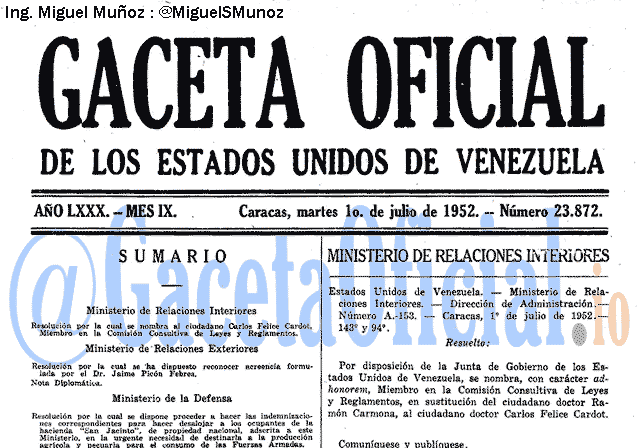 Gaceta Oficial 23872 del 1 Julio 1952