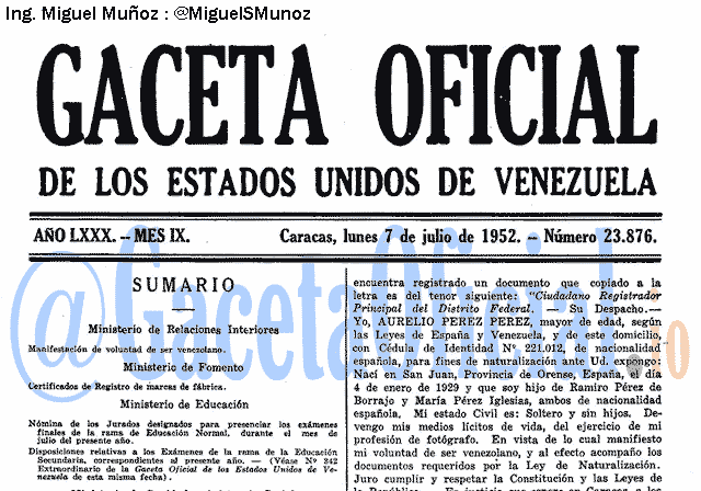 Gaceta Oficial 23876 del 7 Julio 1952
