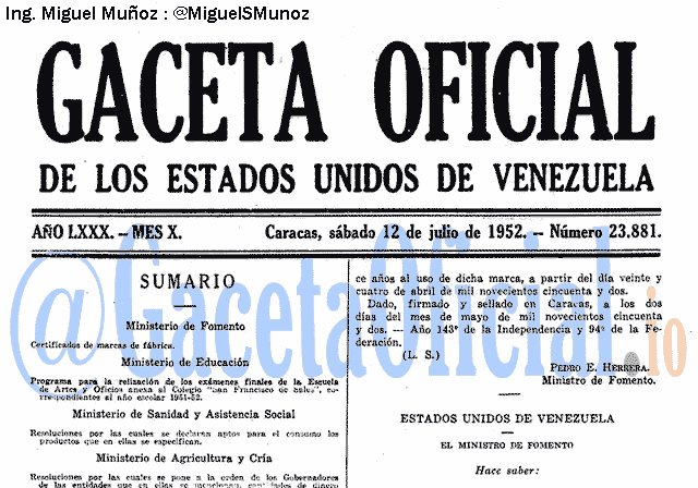 Gaceta Oficial 23881 del 12 Julio 1952