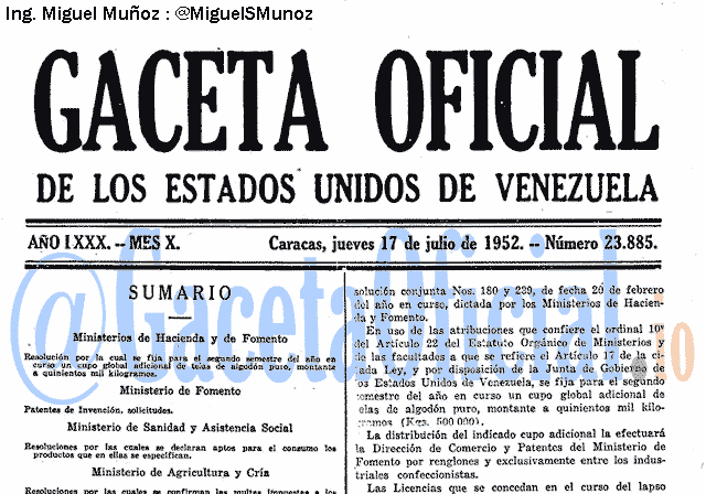 Gaceta Oficial 23885 del 17 Julio 1952