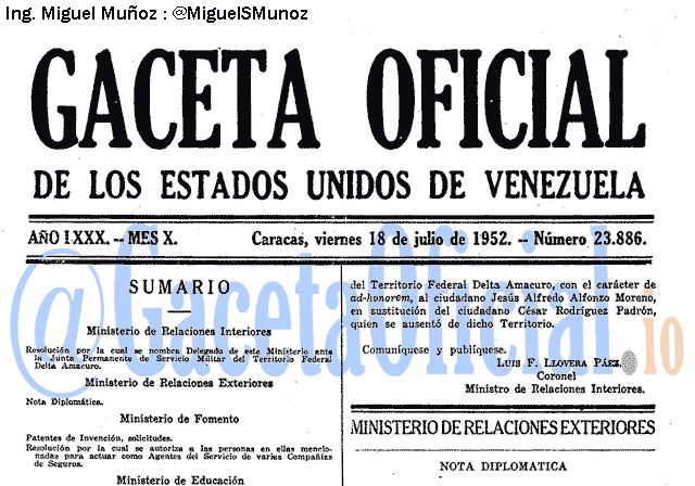 Gaceta Oficial 23886 del 18 Julio 1952