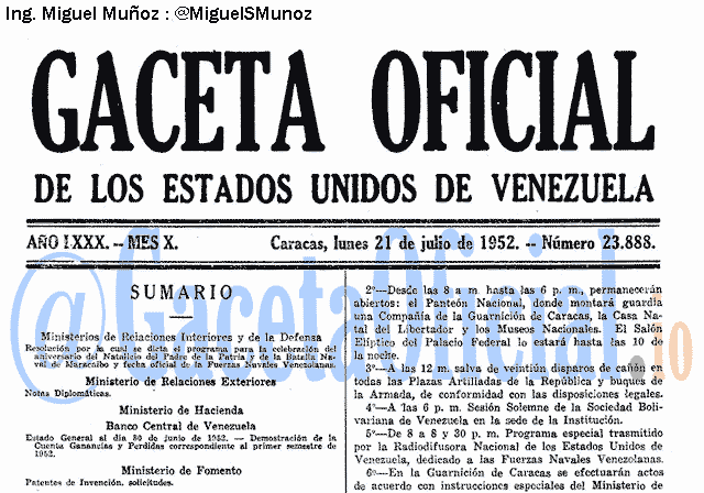 Gaceta Oficial 23888 del 21 Julio 1952