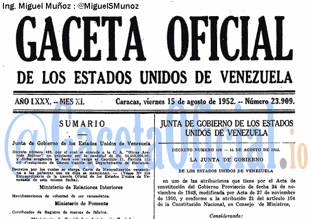 Gaceta Oficial 23909 del 15 Agosto 1952
