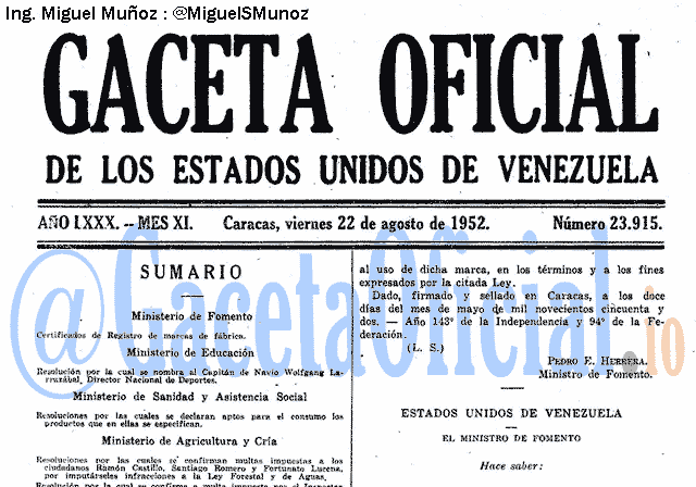 Gaceta Oficial 23915 del 22 Agosto 1952